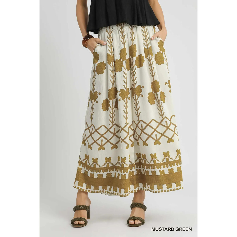 C5476 Umgee Boho Wide-Leg Printed Maxi Pants Mustard Green Various Sizes
